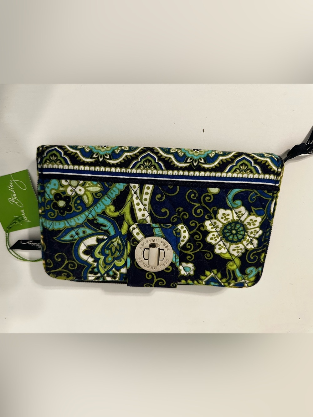 Vera Bradley Teal Navy Green Paisley Quilted Clutch with Silver Turn-Lock